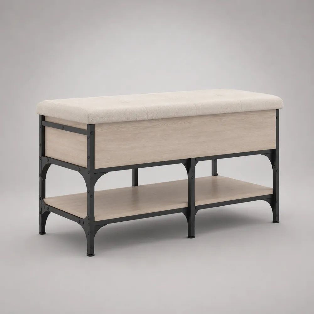Banc coffre rectangulaire en bois et acier noir avec assise bouclée beige et étagère, chêne clair, 100 × 40 × 65 cm
