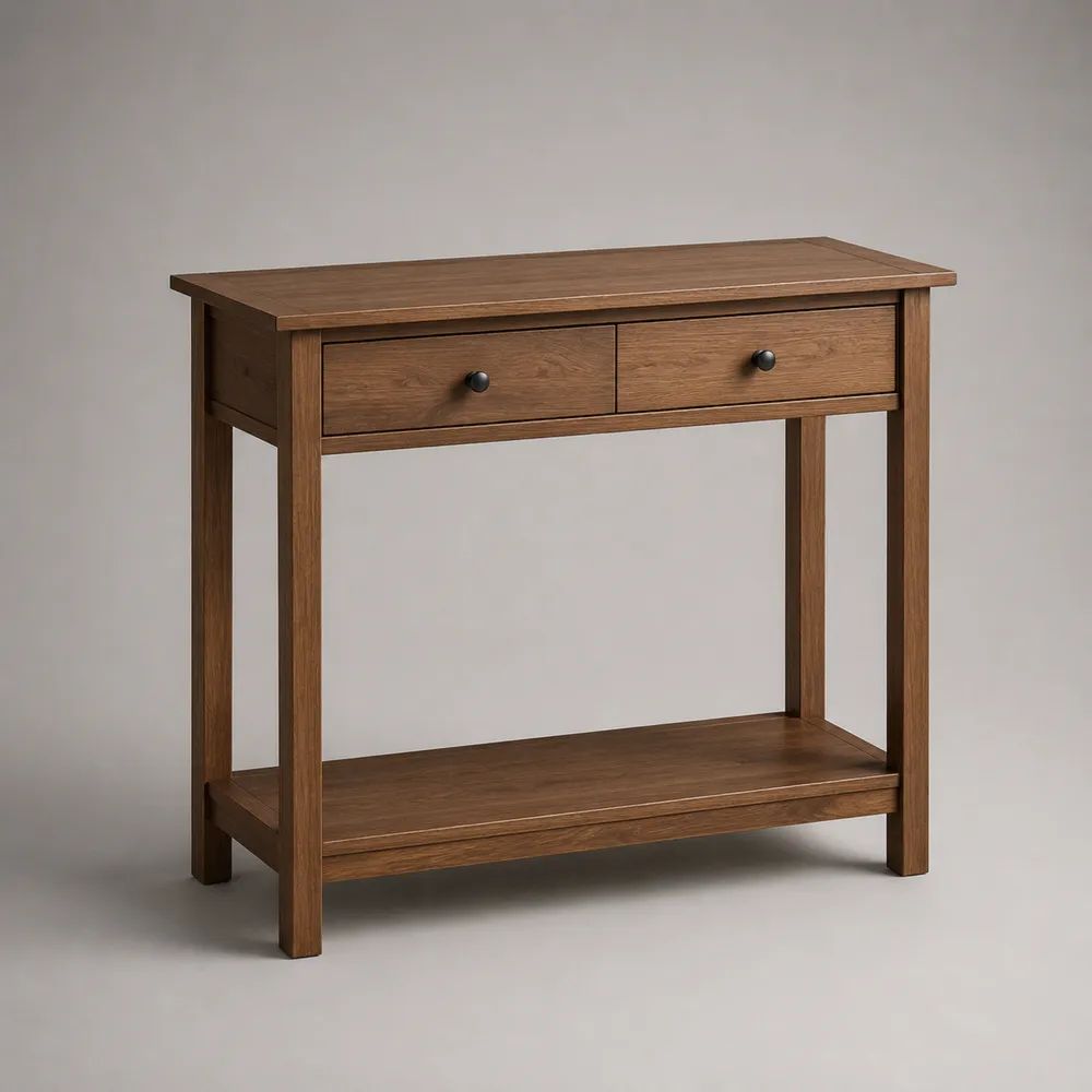 Console d’entrée rectangulaire en bois avec 2 tiroirs et étagère, marron noyer/noir, 100 × 35 × 85 cm
